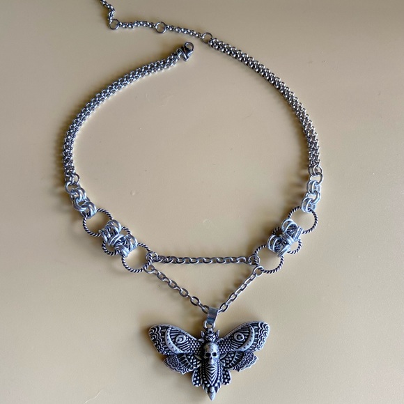 Handmade Chocker maille chain with moth skull moon design charm necklace boho - Picture 2 of 11